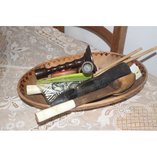 22 - Selection of Treen:  Bone Handled Salad Servers, Candle Stick, Fruit Bowl, Napkin Rings, etc