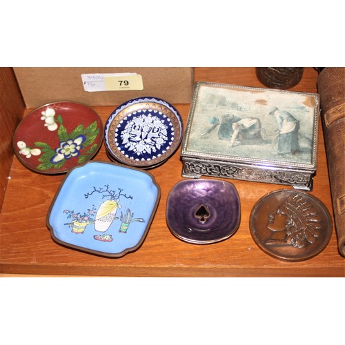 26 - Small Collection Metal-Ware:  Various Metal Plates Decorated with Enamel Coating (Three with Heart, ... 