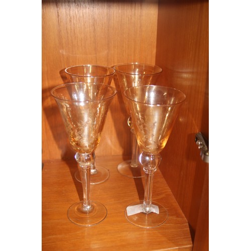 30 - Set of Four Delicately Etched Tinted Wine Glasses