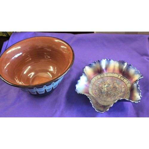 224 - Two Bowls:  One a Handkerchief Style and One a Carnival Glass Glazed Pottery Fruit Bowl