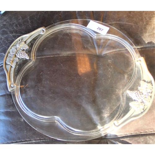 207 - Large Glass Cake Stand/Tray having White Metal Decorative Handles