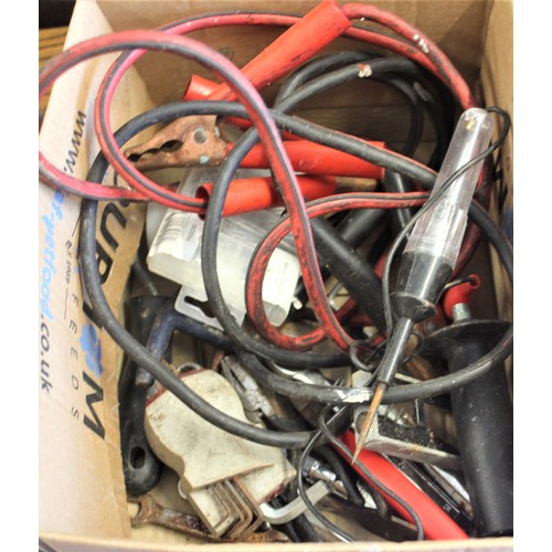 162 - One Box of electrical accessories and Tools including Jump Leads, Spanners, etc