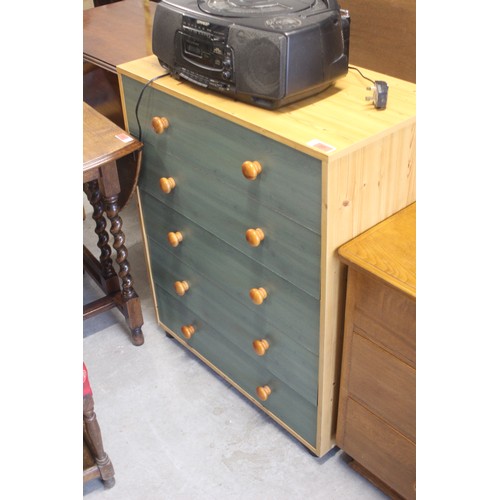 201 - Pine Effect Five-Drawer Chest having Green Front Facing