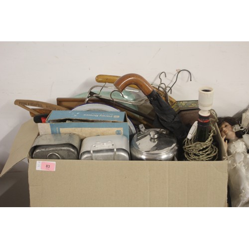 83 - Box of Bric-a-Brac:  Billy Cans, Pricing Gun, Wooden 