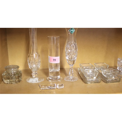 99 - Glass Items:  Inkwell with Lid, Pair of Candle Stands, Edinburgh Crystal Single Stem Vase, etc