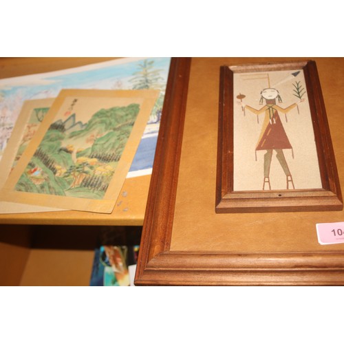 104 - Framed Sand Artwork and a Watercolour of Fremantle Plus Two Japanese Artworks on Silk