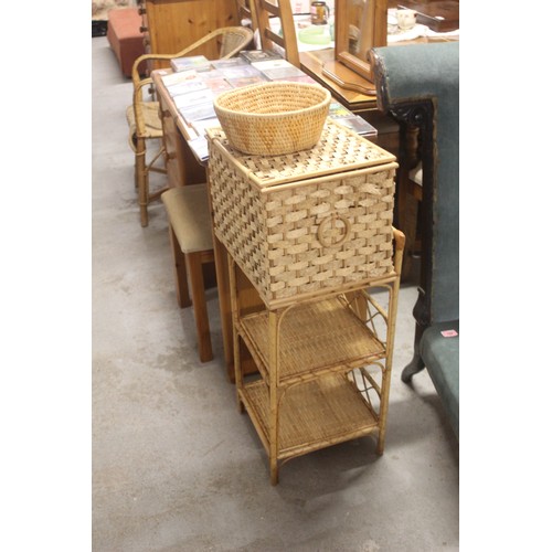 111 - Wicker and Bamboo Three-Shelf Unit Plus a Wicker Basket and Bowl