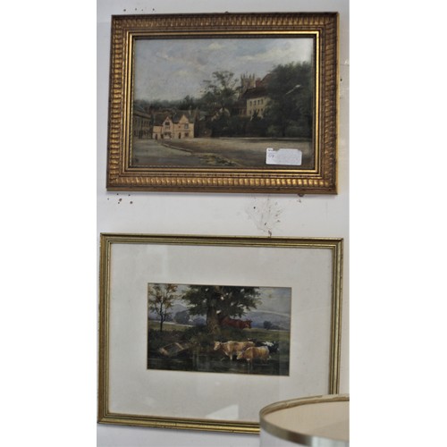 37 - Framed and Mounted Watercolour of Cows Drinking in a River Plus a Framed Oil on Board of a Village S... 