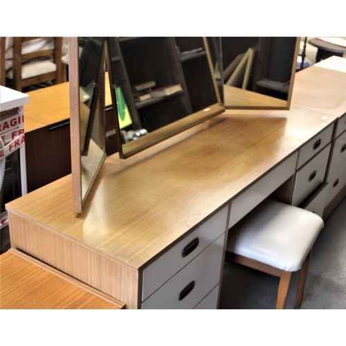 173 - Mid Century Teak Twin pedestal Dressing Table with white facings with Triple Mirror, Three Drawer Be... 