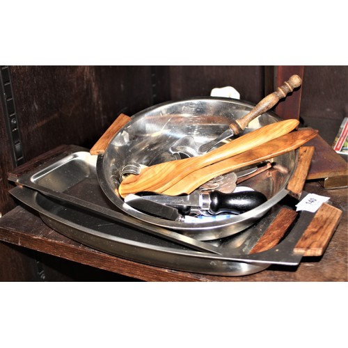 140 - Three Stainless Steel Serving Bowls/Trays having Wooden Handles Plus a Quantity of Kitchen Utensils ... 