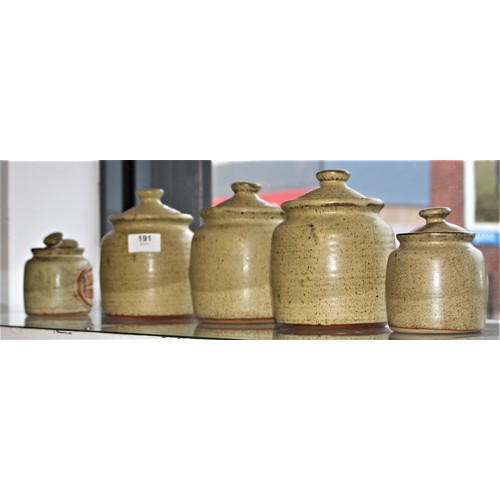 191 - Stoneware Pottery Set of Lidded Kitchen Storage Jars:  Tea, Coffee, Sugar, Brown Sugar and Marmalade