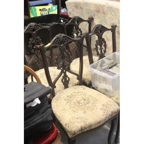 17 - Set of Four Carved Back Dark Oak Framed Tapestry Seated Chairs