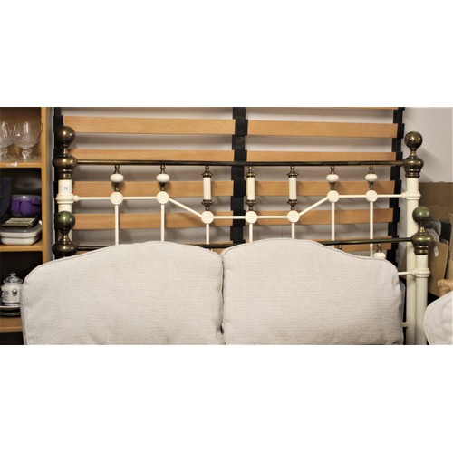 63 - A King Size (5 Ft) Metal Bed having Ornate Cream and Gilt Header and Footer, with Wooden Slats