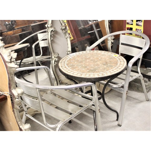 65 - Harlequin Bistro Set: Metal Framed Table having Mosaic Tiled Top and Two Metal Chairs