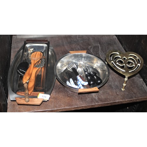 204 - A Brass Heart-Shaped Trivet Plus Three Stainless Steel Serving Bowls/Trays having Wooden Handles Plu... 