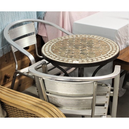 204 - Harlequin Bistro Set:  Metal Framed Table having Mosaic Tiled Top and Two Metal Chairs