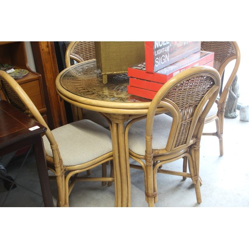 227 - Cathay Cane Circular Glass-Topped Conservatory Dining Table and Four Chairs