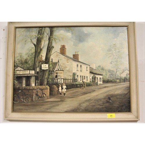 288 - Framed Oil Painting of Elm Stores, Irby Village, Wirral by Barbara Butcher 1980 : 26.5