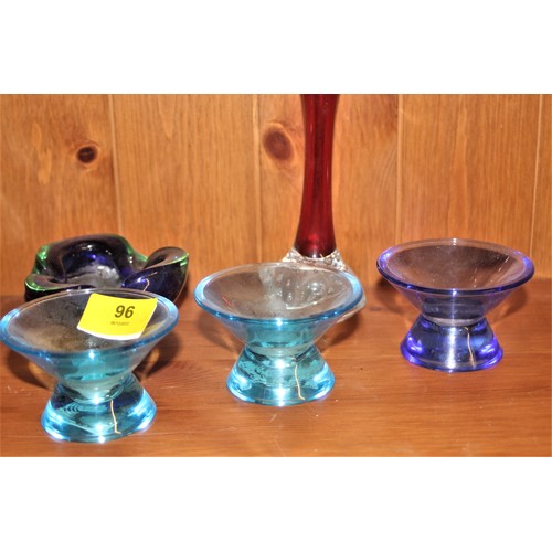 96 - Small Selection of Coloured Glass:  Mid-Century x 2 and 3 Candle Holders