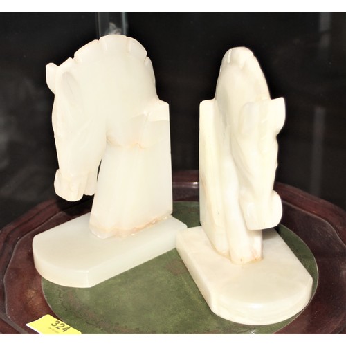 352 - A Pair of White Agate Carved Horse Head Bookends