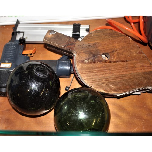 175 - Two English Hand-Blown Glass Fishing Floats Plus a Set of Fire Bellows (n/a)