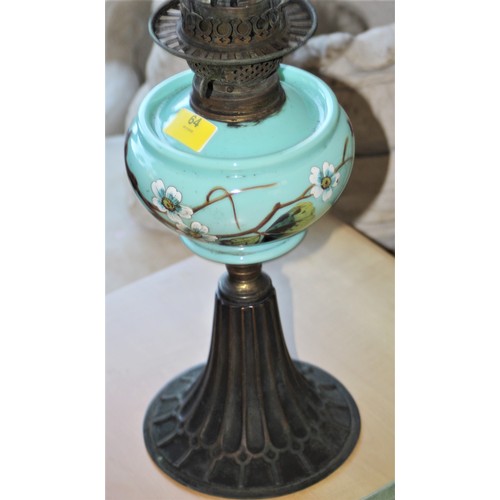 64 - Turquoise Hybrid Art Nouveau/Deco Oil Lamp with Hand-Painted Tree Blossom Design - with Chimney, no ... 