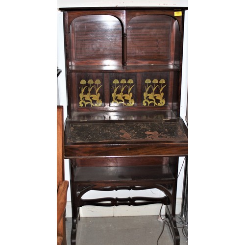 295 - Mahogany Art Nouveau Narrow Bureau Bookcase having a  Lacquer Patterned Back with Green Leather Desk... 