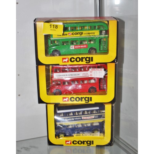 118 - Three Boxed Corgi Die-cast Vehicles (Buses):  Cobham Bus Museum, White Label Wonderful Whisky, and N... 