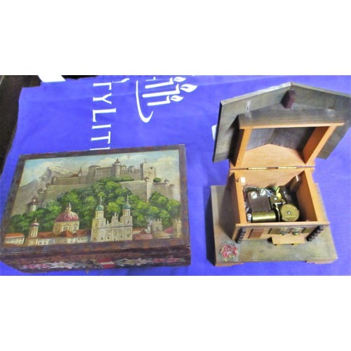 329 - Two Austrian Music Boxes:  One Hand-Painted with Hand-Carved Incised Design, the Other in the Form o... 