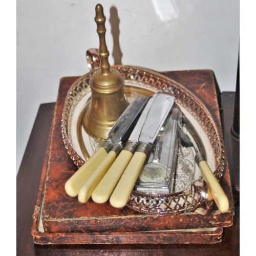 69 - Miscellaneous Items:  Cased Fish Servers, Brass Bell, Pottery Charger, etc