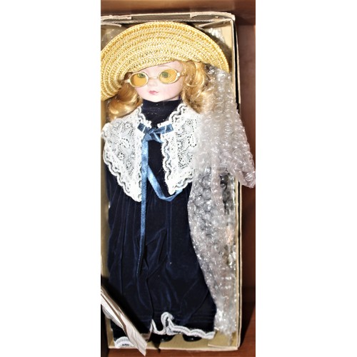 29 - Boxed Alberon Collectors' Porcelain Doll Wearing a Blue Dress, Straw Hat and Spectacles