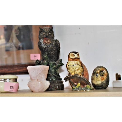 88 - Collection of Owl Ornaments: 2 Alabaster, 1 Resin on Alabaster Base, an Enameled Metal Owl Trinket B... 