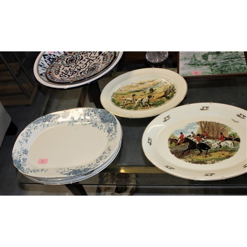 77 - Five Large Wall-Hanging Plates/Serving Platters (4 x Hunting Scenes and 1 x Blue and White 