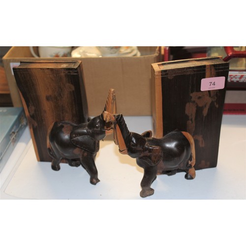 74 - Pair of Hardwood (possibly African Blackwood) African Elephant Bookends (some loss to Trunks and Tus... 