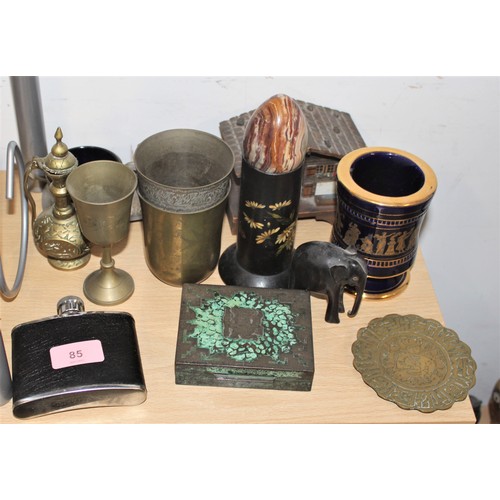 85 - Bric-a-Brac:  Copper Cigarette Box, Onyx Egg, Brass Beakers, 25th Anniversary Silver Plate Gift Set,... 