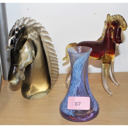 87 - Two Glass Ornamental Equine Figures (One has breaks to Ears) Plus a Coloured Glass Vase