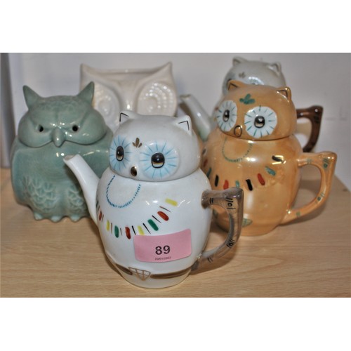 89 - Three Modern Chinese Owl-Themed Teapots, an Owl Shaped Potpourri/Oil Container, etc