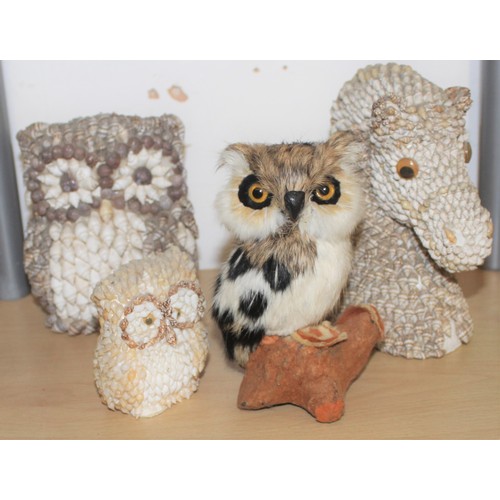 93 - Collection of Shell-Encased Ornaments (2 x Owls, 1 Horse Head) Plus a Feathered Owl Ornament