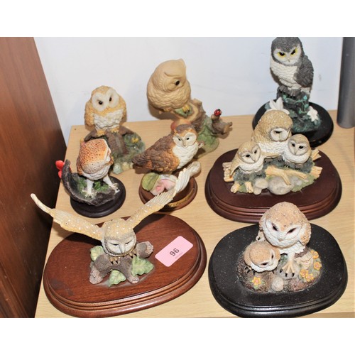 96 - Collection of Resin Owl Ornaments on Wooden Plinths