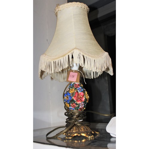 71 - A Small Table Lamp having Brass Base and Ornately Decorated (with Gilt) Applique Porcelain Flowers (... 