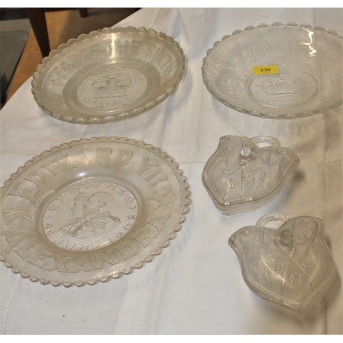 62 - Three Pressed Glass Royal Commemorative Bowl/Plates- Edward VII, Two George VI plus Two Pressed Glas... 