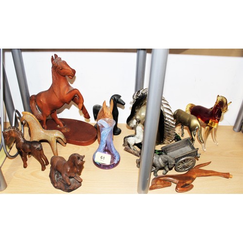 61 - Collection of Equine Ornamental Figures (Glass, Wood, Brass, etc) Plus a Coloured Glass Vase