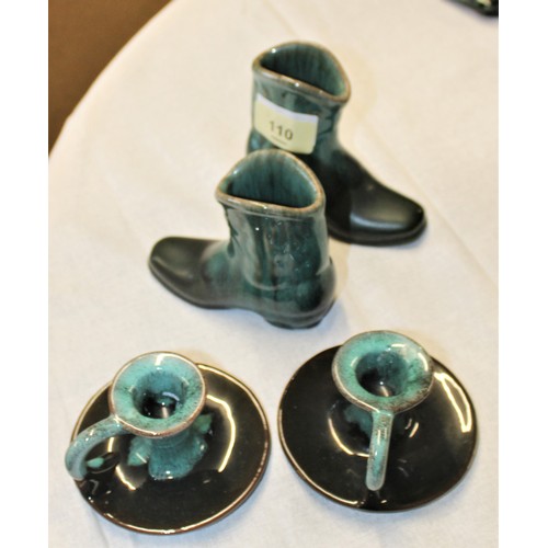 289 - Canadian Blue Mountain Pottery:  A Pair of Candle Stands with Handles and a Pair of Cowboy Boots (4