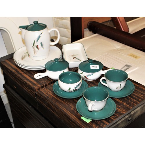 89 - Assorted Denby Green Wheat Dinnerware: Three Dinner Plates, Three Saucers, Three Cups, Lasagna Dish,... 