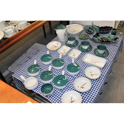 89 - Assorted Denby Green Wheat Dinnerware: Three Dinner Plates, Three Saucers, Three Cups, Lasagna Dish,... 