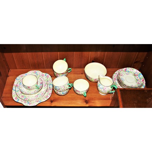 108 - A Six-Place Setting Crown Staffordshire China Tea Set including One Cake Serving Plate, Sugar Bowl a... 