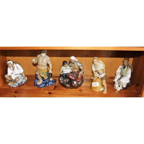 118 - Collection of Five Glazed Pottery Chinese Figures including a Story Teller and a Fisherman (9.5