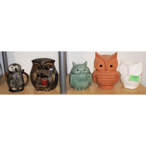 119 - Five Ornamental Owls:  a Glazed Pottery Potpourri  Owl in Green, a Terracotta Owl Money Box, a Tony ... 