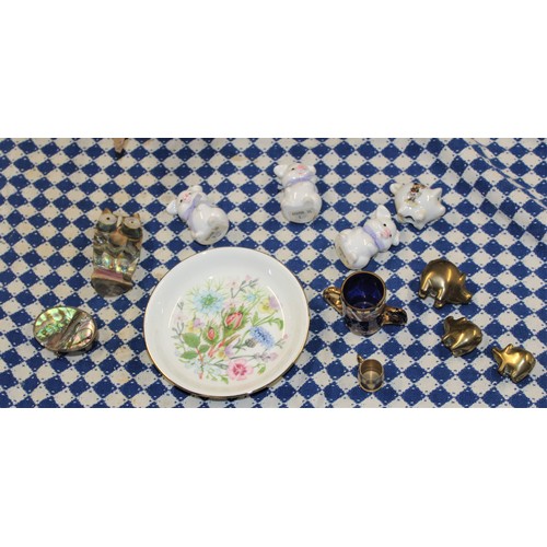 133 - Assorted ceramics and Brass Pigs, a Floral Pin Dish, a Pill Box with a shell top, etc