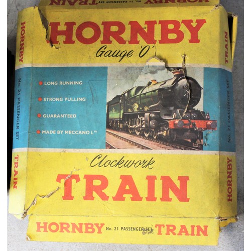 185 - Boxed Hornby O Gauge Number 27 Clockwork Passenger Train Set (Distressed) comprising one Oval of Tra... 